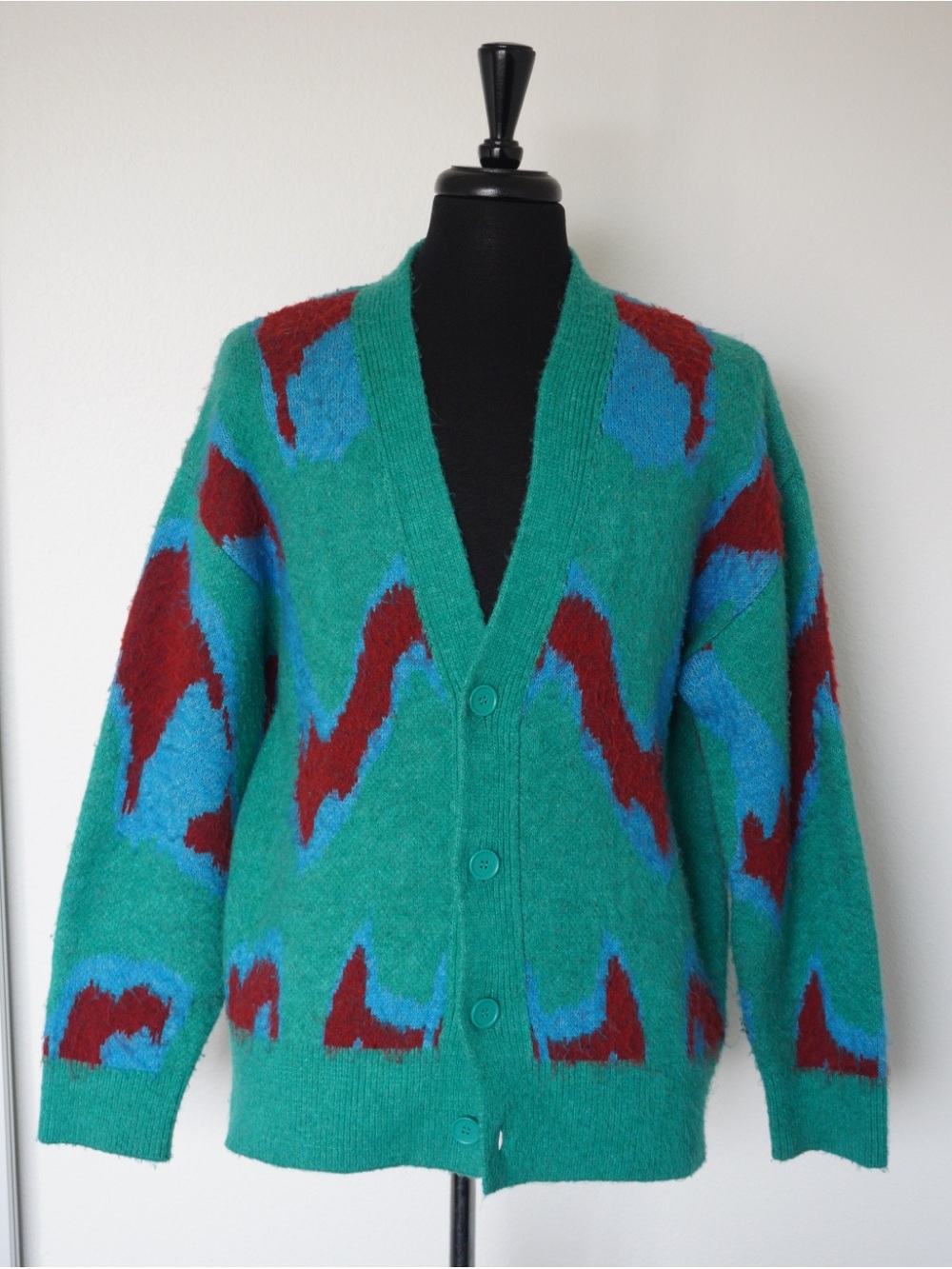 Zara Teal Cardigan with Blue and Wine Red Abstract Pattern